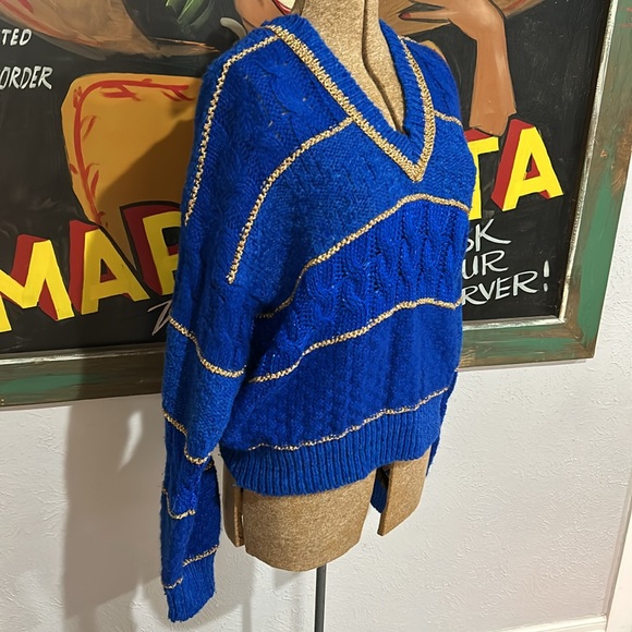 Vintage Liz Sport Blue & Gold Chunky Textured Knit Sweater - Picture 4 of 10